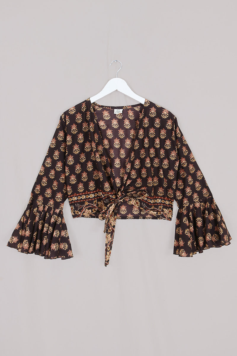 Sylvia Wrap Top in Saddle Brown Block Print Floral