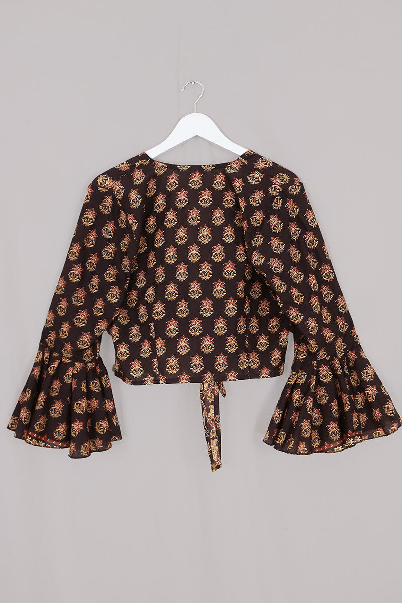 Sylvia Wrap Top in Saddle Brown Block Print Floral