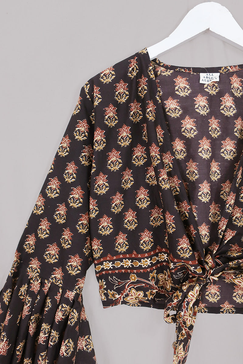 Sylvia Wrap Top in Saddle Brown Block Print Floral