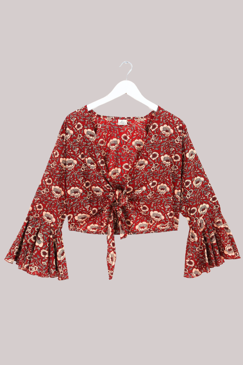 Sylvia Wrap Top in Poppy Red Block Print Floral
