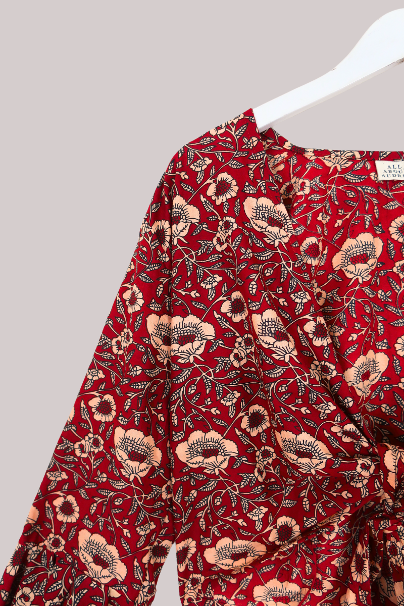 Sylvia Wrap Top in Poppy Red Block Print Floral