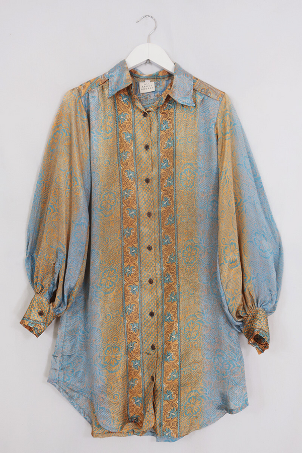 Bonnie Shirt Dress - Pearlescent Blue Buds - Vintage Indian Sari - Size M/L By All About Audrey