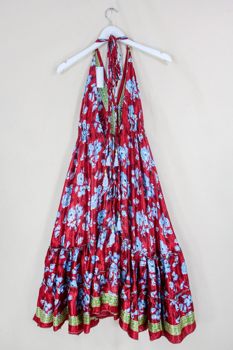 Blossom Midi Halter Dress - Cherry Red & Sky Blue Roses - Free Size XXL By All About Audrey