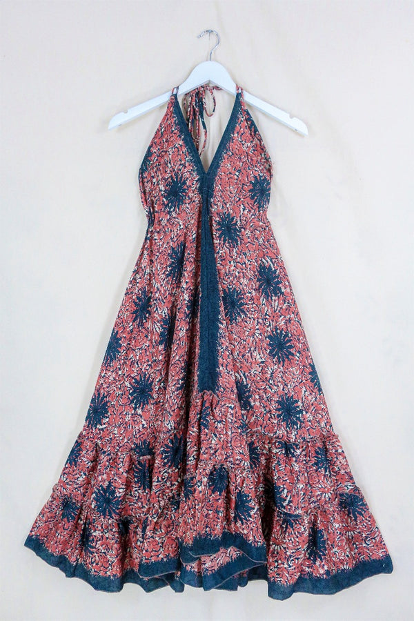Blossom Midi Halter Dress - Red Clay & Grey Flowers - Free Size S-M/L by All About Audrey