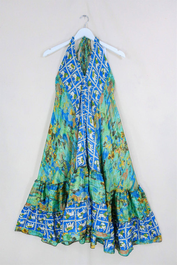 Blossom Midi Halter Dress - Abstract Blue Lions & Elephants - Free Size M/L-XXL By All About Audrey