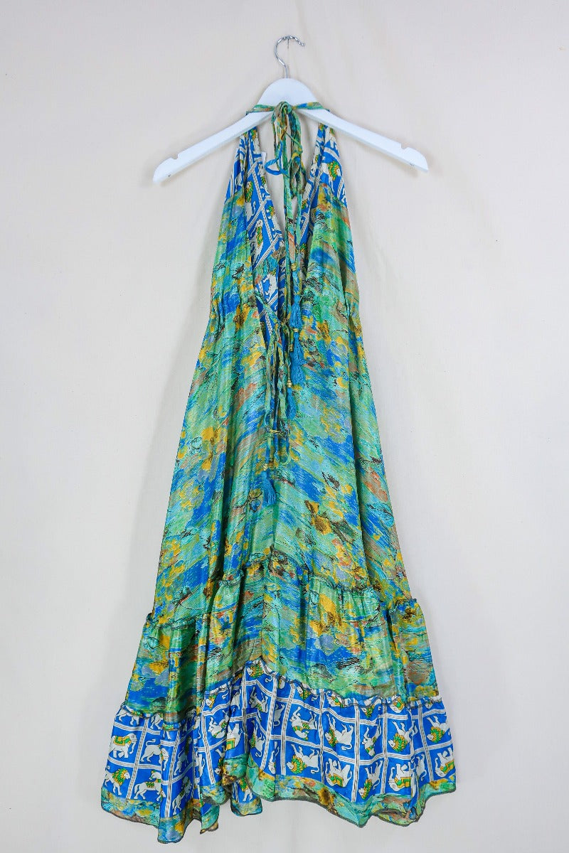 Blossom Midi Halter Dress - Abstract Blue Lions & Elephants - Free Size M/L-XXL By All About Audrey