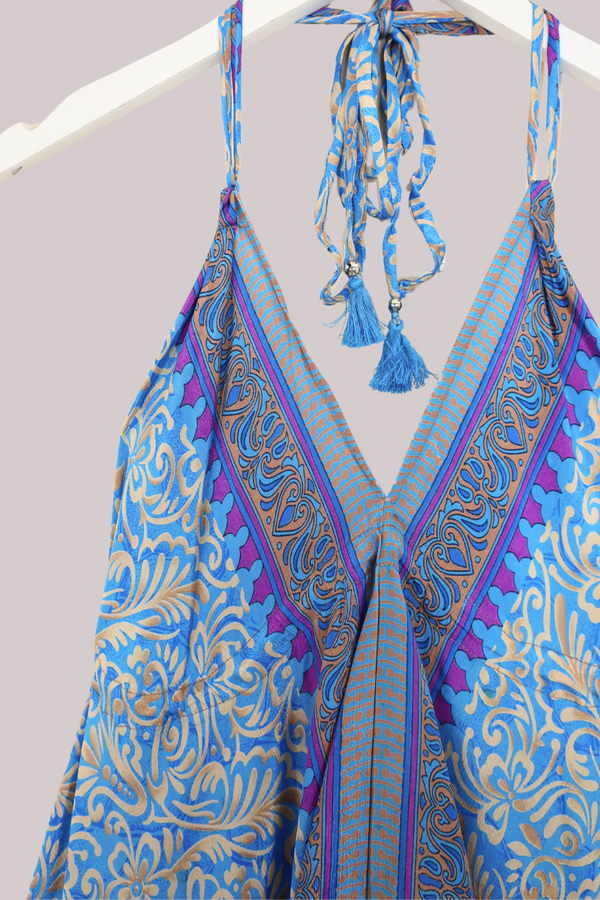 Blossom Halter Maxi Dress - Sky Blue & Bronze Floral - Free Size M/L by All About Audrey