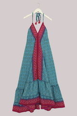 Blossom Halter Maxi Dress - Aqua Blue & Berry Batik - Free Size M/L by All About Audrey