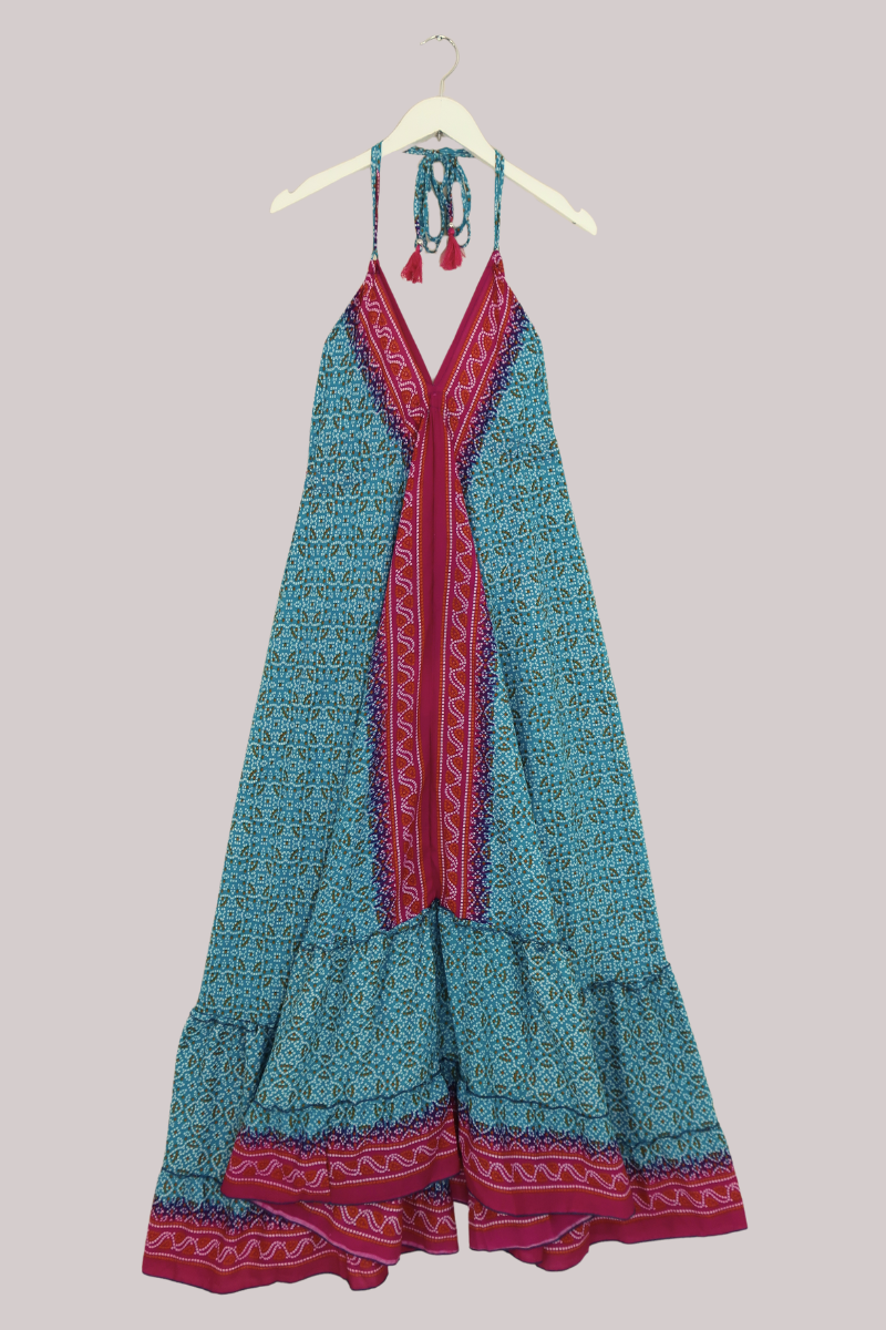 Blossom Halter Maxi Dress - Aqua Blue & Berry Batik - Free Size M/L by All About Audrey