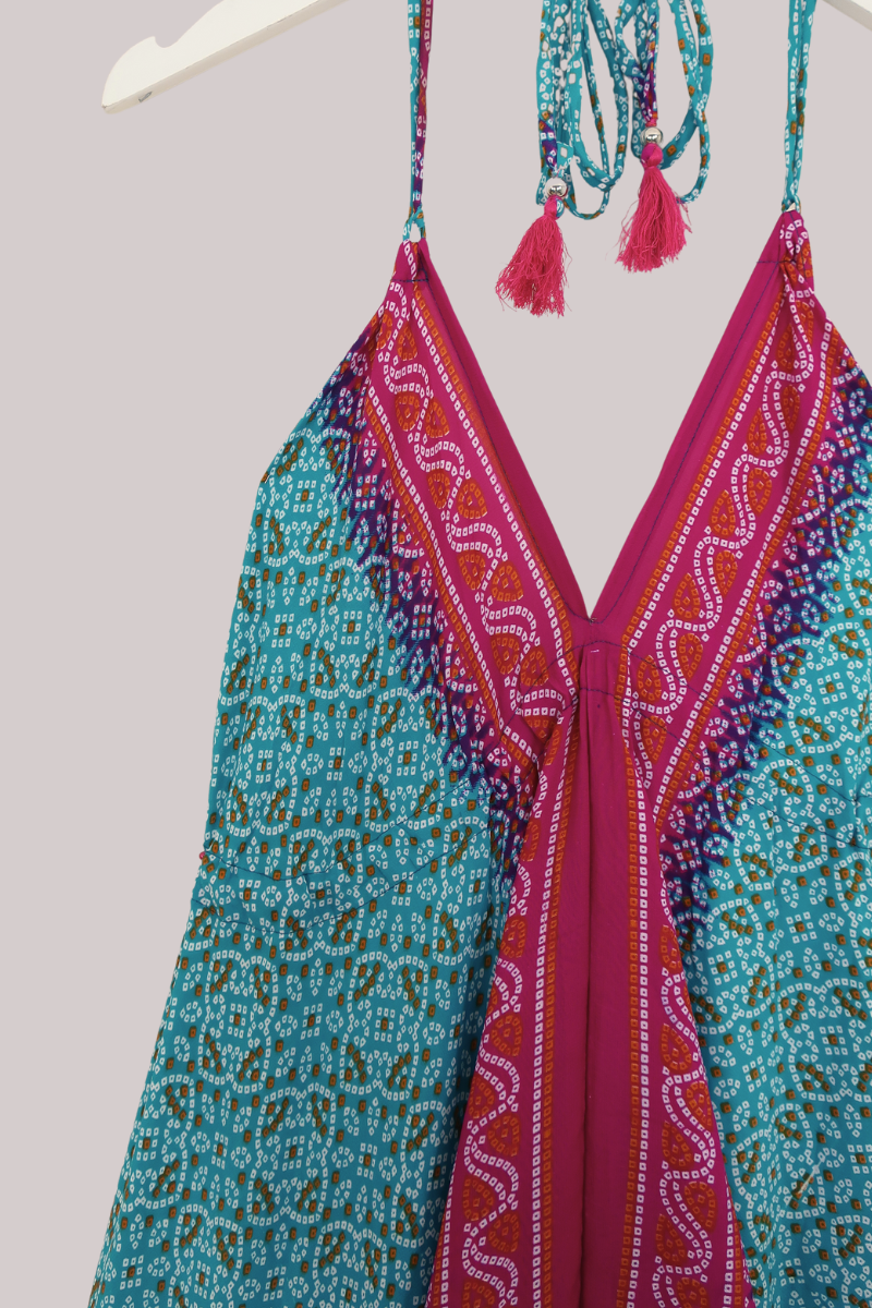Blossom Halter Maxi Dress - Aqua Blue & Berry Batik - Free Size M/L by All About Audrey