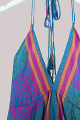 Blossom Halter Maxi Dress - Blue Violet Patchwork - Free Size XXL