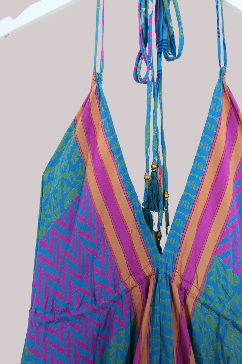 Blossom Halter Maxi Dress - Blue Violet Patchwork - Free Size XXL