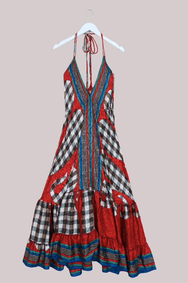 Blossom Halter Maxi Dress - Siren Red & Earth Check - Free Size XL by All About Audrey