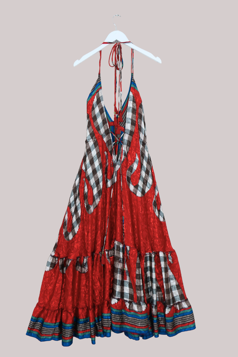 Blossom Halter Maxi Dress - Siren Red & Earth Check - Free Size XL by All About Audrey