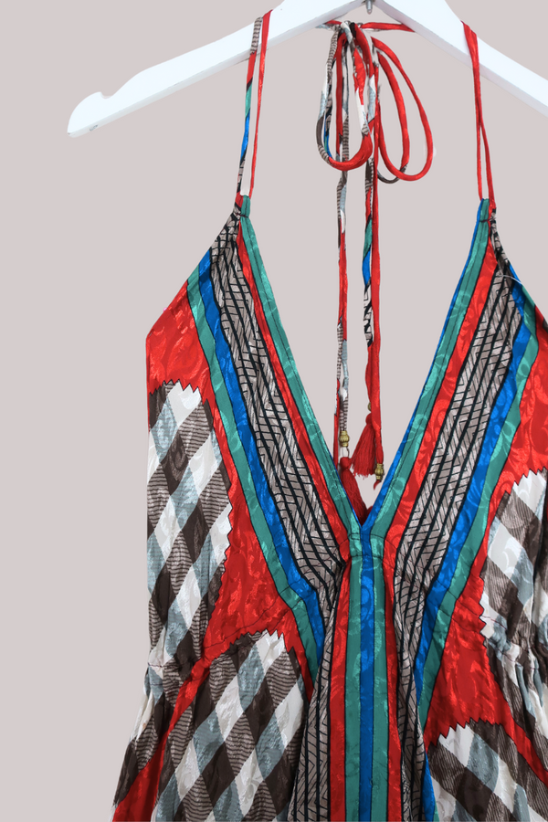 Blossom Halter Maxi Dress - Siren Red & Earth Check - Free Size XL by All About Audrey