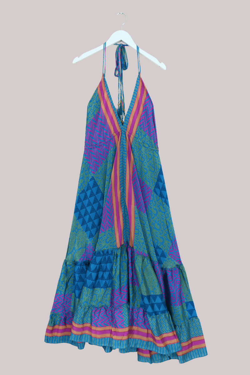 Blossom Halter Maxi Dress - Blue Violet Patchwork - Free Size XXL