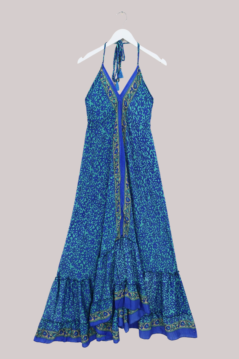 Blossom Halter Maxi Dress - Aqua & Indigo Daisies - Free Size M/L by All About Audrey