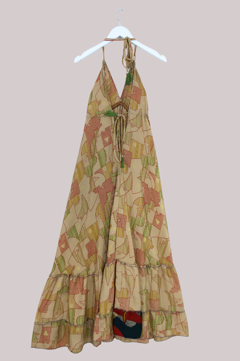 SALE | Blossom Halter Maxi Dress - Honey Beige Geometric - Free Size M/L by All About Audrey