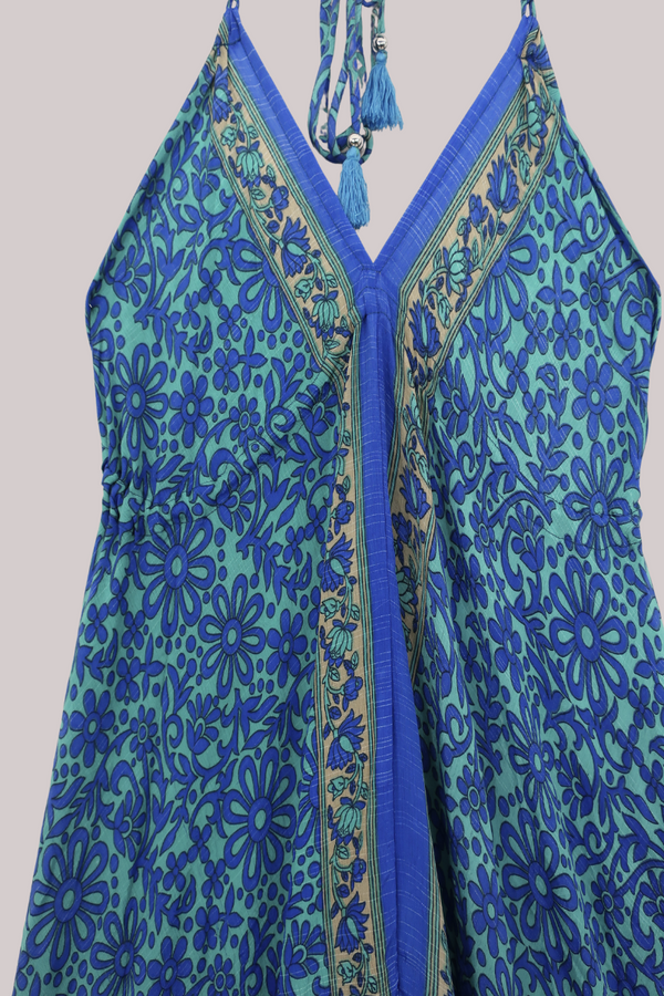 Blossom Halter Maxi Dress - Aqua & Indigo Daisies - Free Size M/L