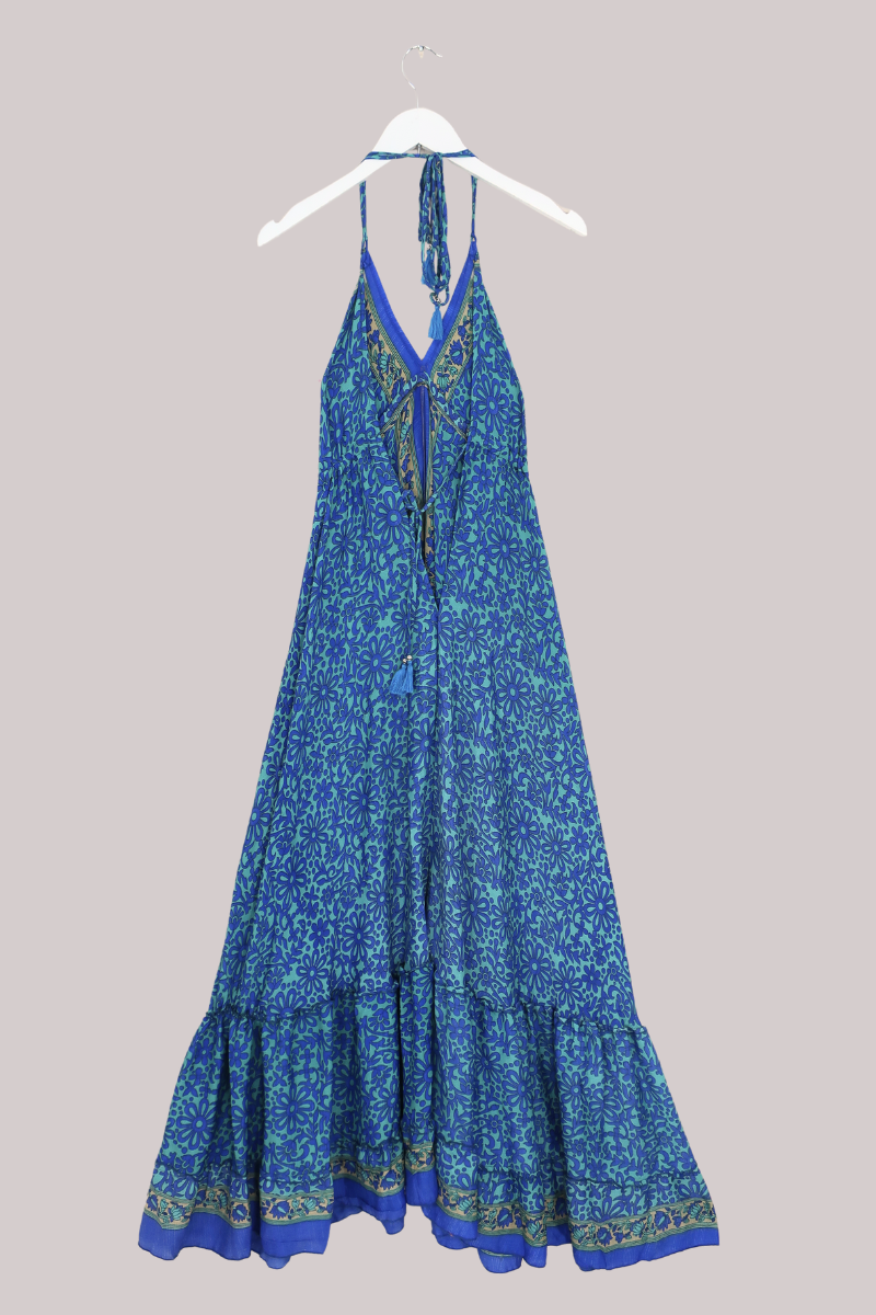 Blossom Halter Maxi Dress - Aqua & Indigo Daisies - Free Size M/L