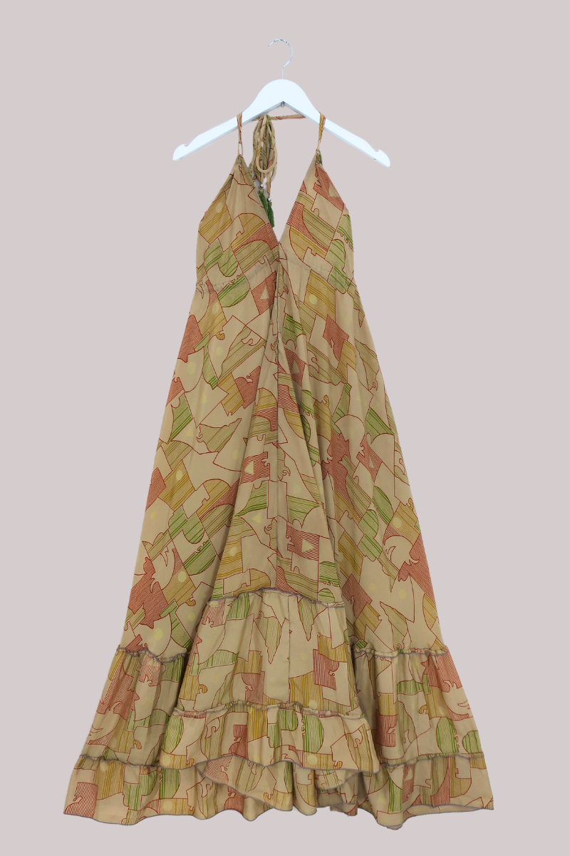 SALE | Blossom Halter Maxi Dress - Honey Beige Geometric - Free Size M/L by All About Audrey