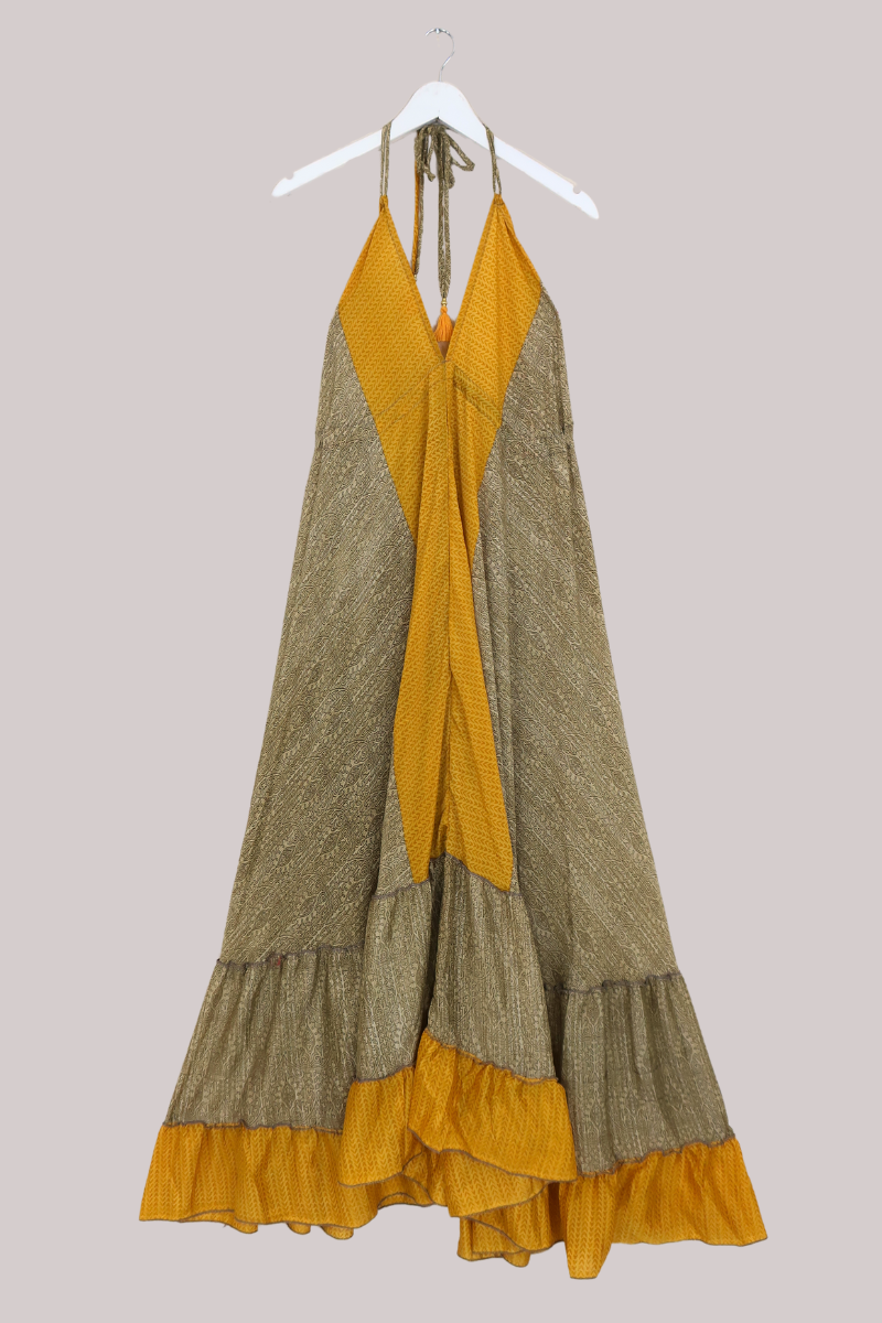 Blossom Halter Maxi Dress - Yellow & Sand Contrast Print - Free Size S/M - All About Audrey