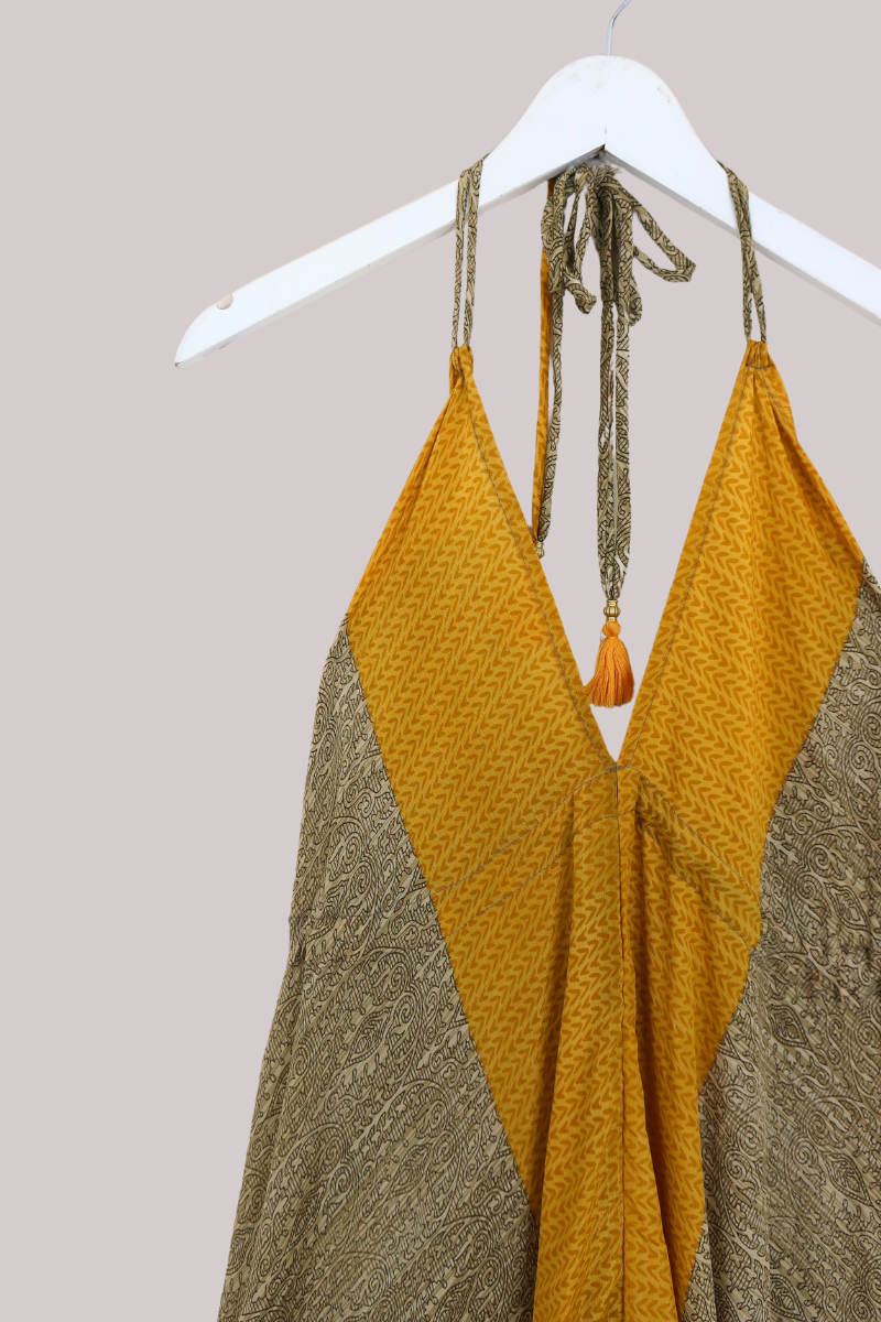 Blossom Halter Maxi Dress - Yellow & Sand Contrast Print - Free Size S/M - All About Audrey