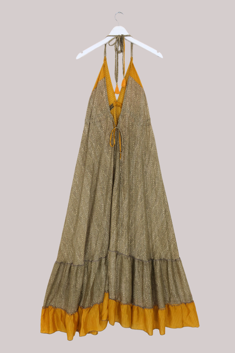 slim fit dress slacks Halter Maxi Dress | Yellow & Sand Contrast Print