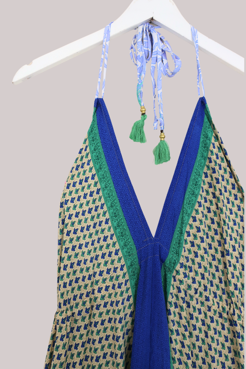 Blossom Halter Maxi Dress - Cream & Royal Blue Ditsy Print - Free Size S/M - All About Audrey