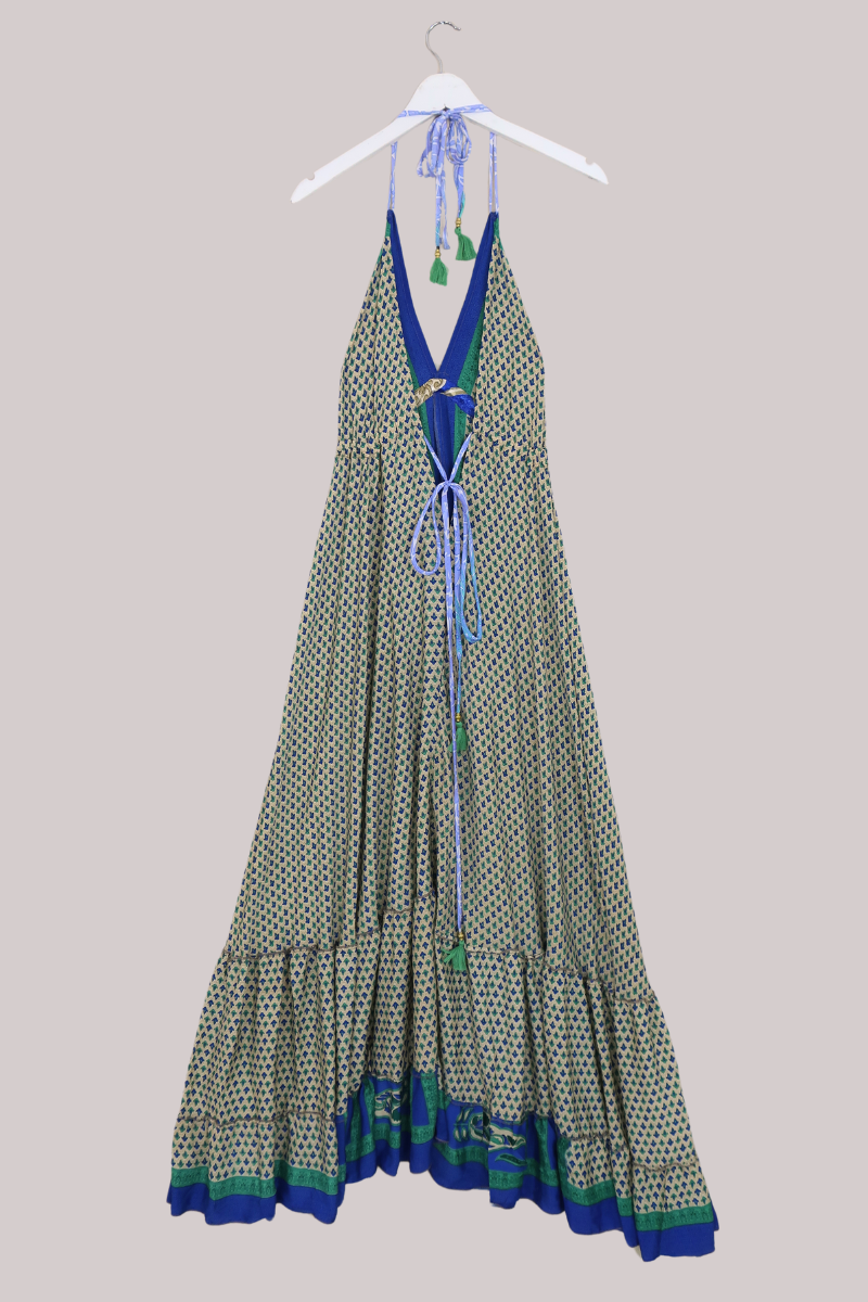 Blossom Halter Maxi Dress - Cream & Royal Blue Ditsy Print - Free Size S/M - All About Audrey