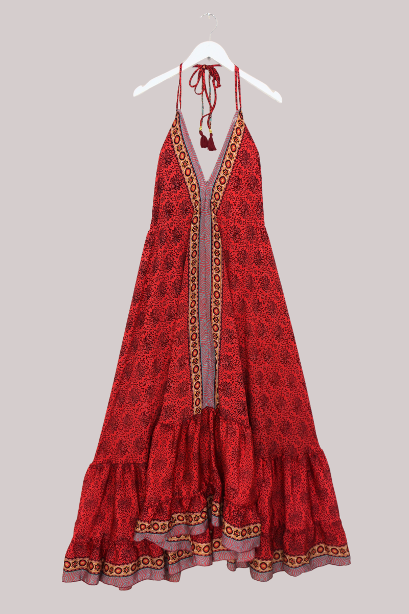 Blossom Halter Maxi Dress - Crimson Ornate Print  - Free Size XL by All About Audrey