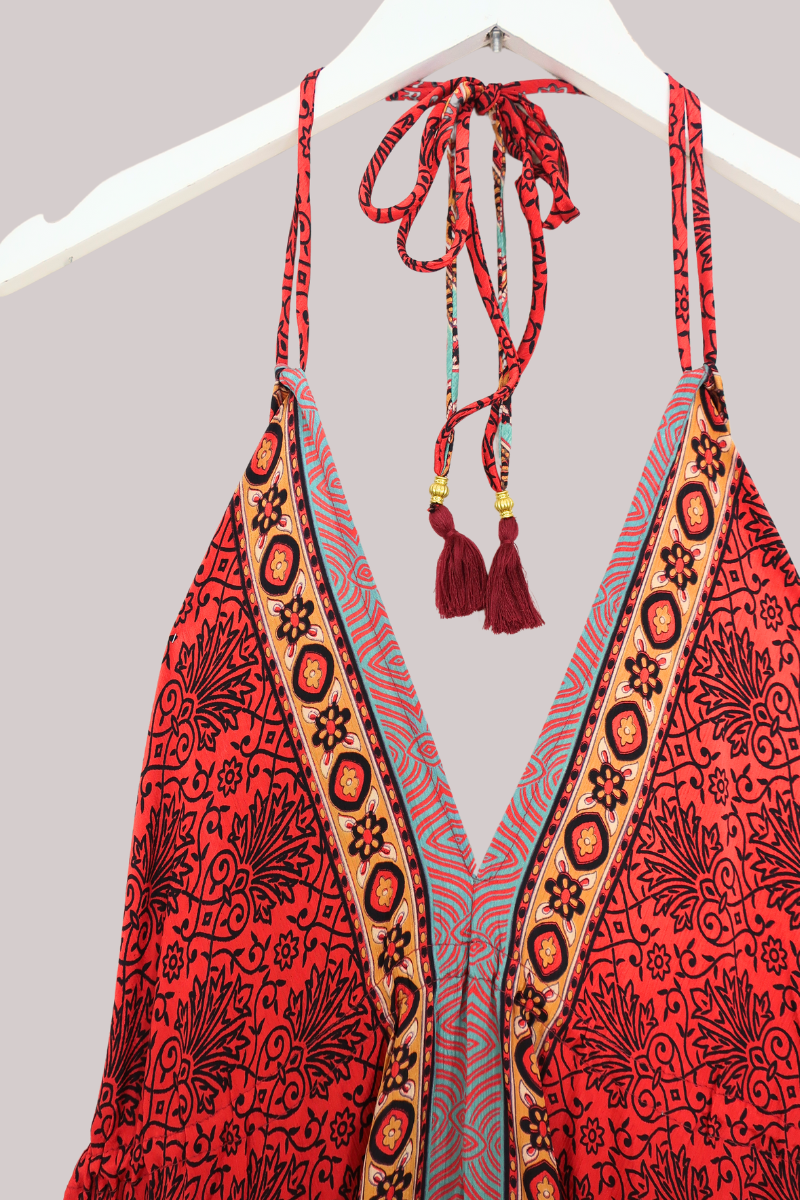 Blossom Halter Maxi Dress - Crimson Ornate Print  - Free Size XL by All About Audrey
