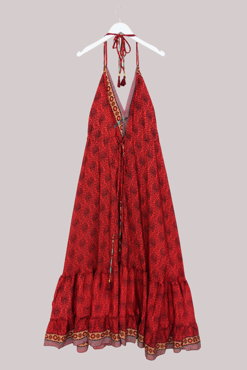 Blossom Halter Maxi Dress - Crimson Ornate Print  - Free Size XL by All About Audrey