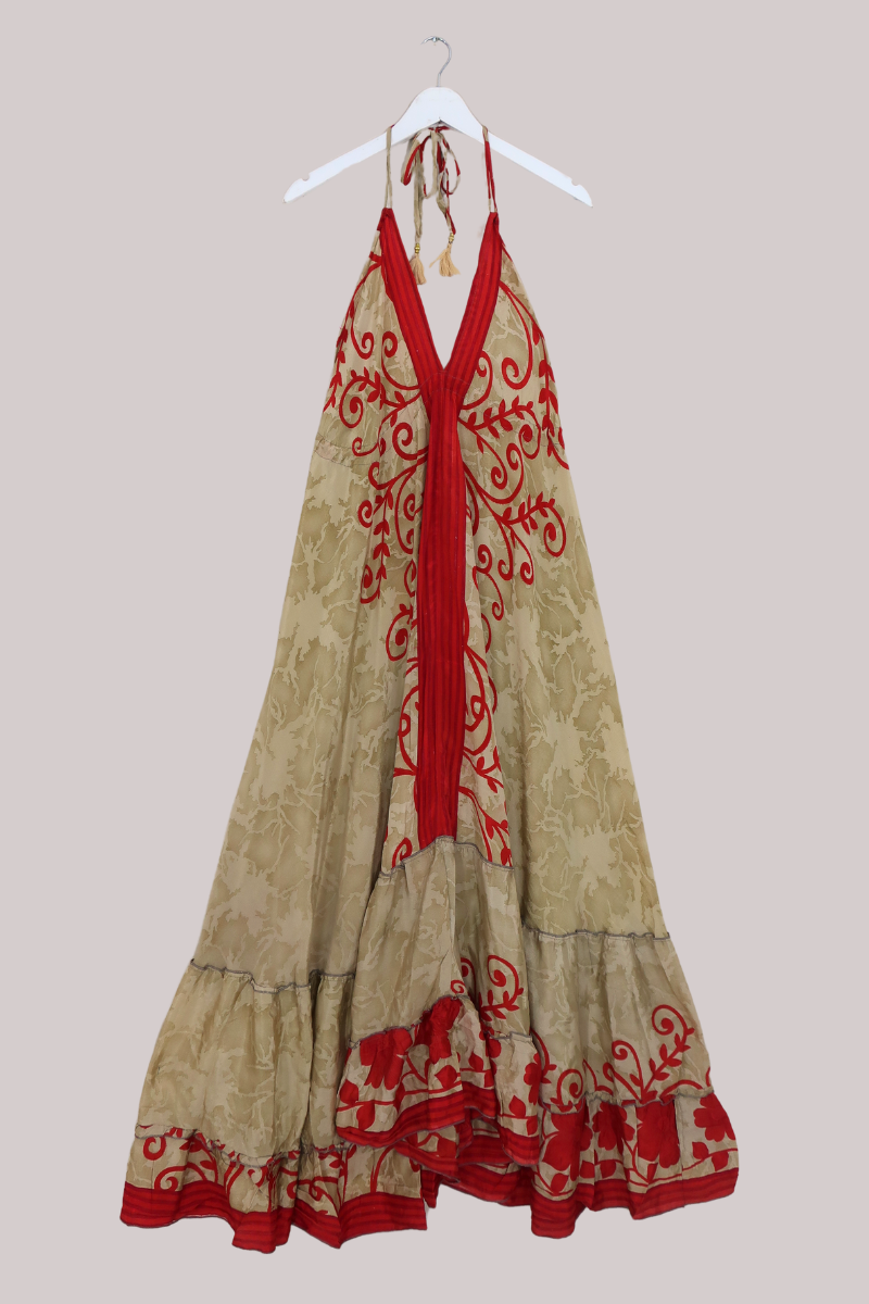 Blossom Halter Maxi Dress - Gold & Ruby Red Vine Print - Free Size S/M - All About Audrey