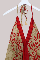 Blossom Halter Maxi Dress - Gold & Ruby Red Vine Print - Free Size S/M - All About Audrey