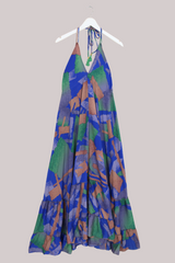 Blossom Halter Maxi Dress - Cobalt Blue & Green Brush Print  - Free Size S/M - All About Audrey