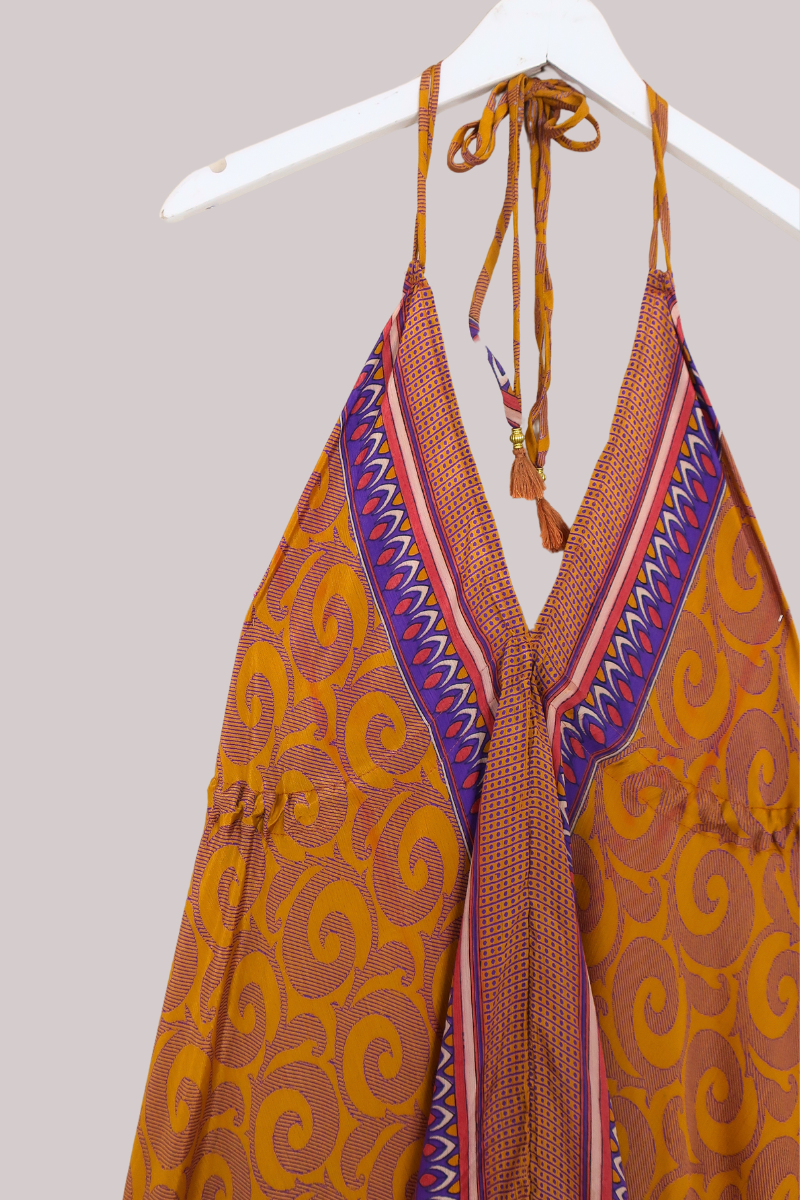 Blossom Halter Maxi Dress - Golden Yellow & Purple Swirl Print - Free Size M/L - All About Audrey
