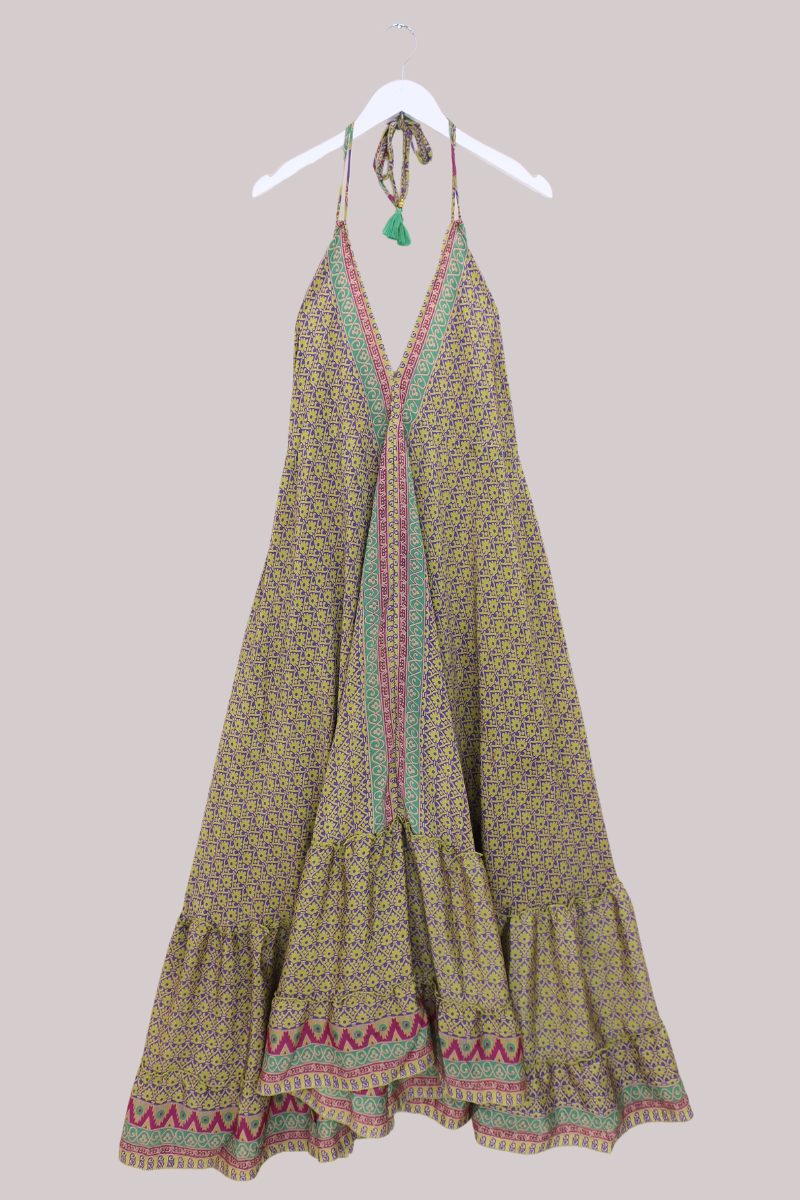 Blossom Halter Maxi Dress - Lime Lilypad Mosaic - Free Size XL by All About Audrey