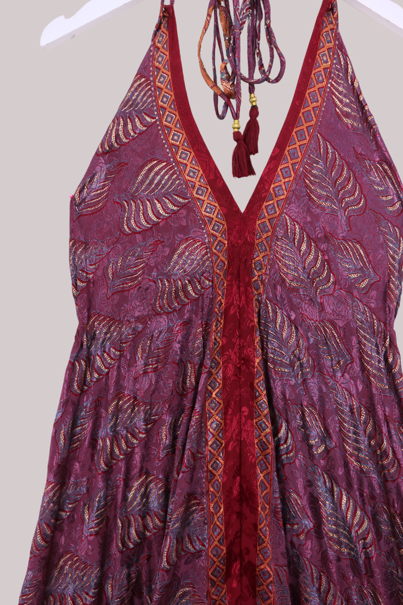 Blossom Halter Midi Dress - Metallic Rosewood Leaves - Free Size XL by All About Audrey