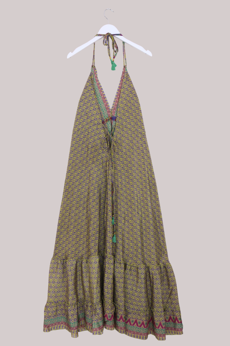 Blossom Halter Maxi Dress - Lime Lilypad Mosaic - Free Size XL by All About Audrey