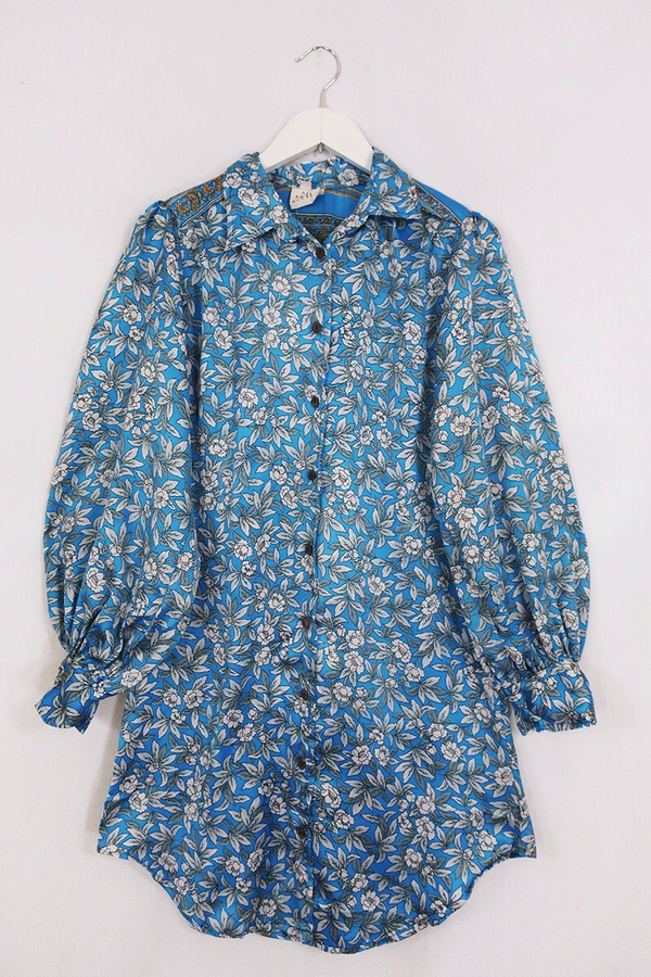 Bonnie Shirt Dress - Lovebird Blue Blossom - Vintage Indian Sari - Size M/L By All About Audrey