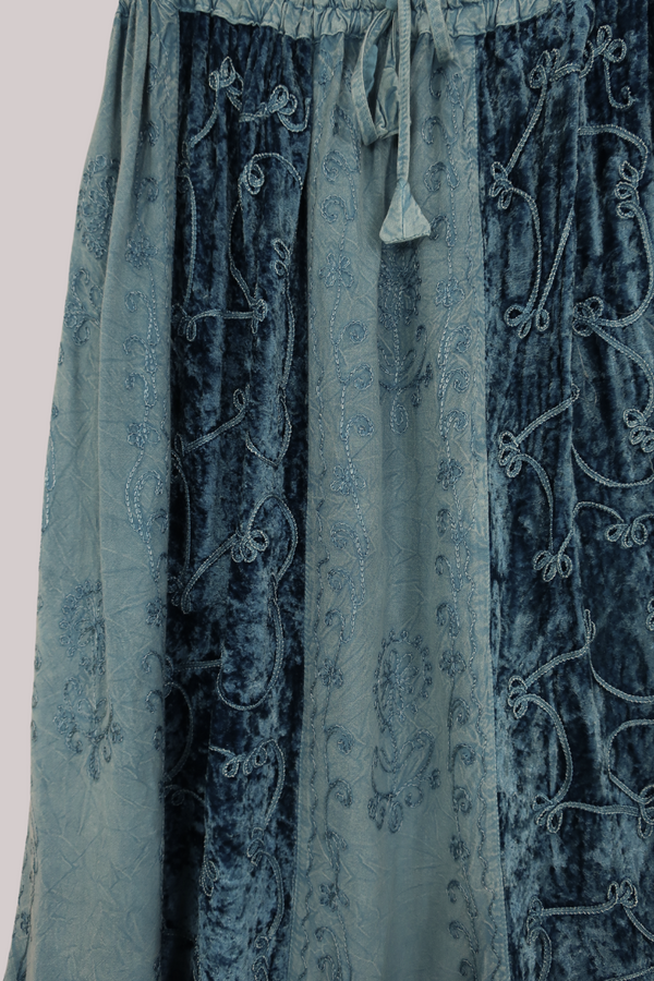 Embroidered Velvet Handkerchief Midi Skirt in Oceanic Blue