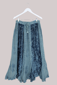 Embroidered Velvet Handkerchief Midi Skirt in Oceanic Blue