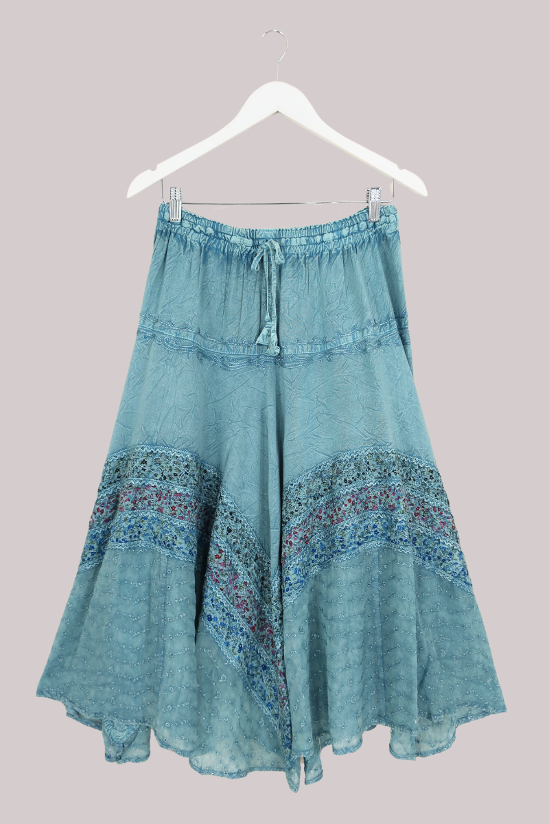Embroidered A-Line Midi Skirt in Pearl Blue Floral - Free Size by All About Audrey