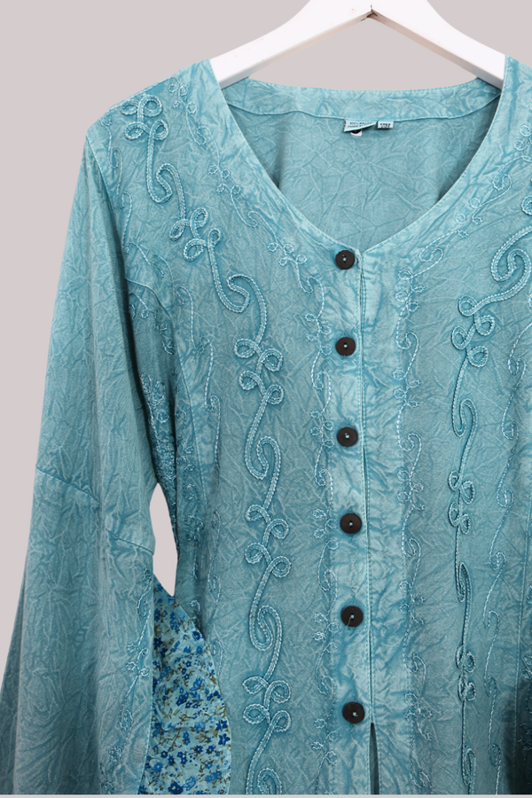 Embroidered Frill Sleeve Blouse in Pearl Blue - Free Size