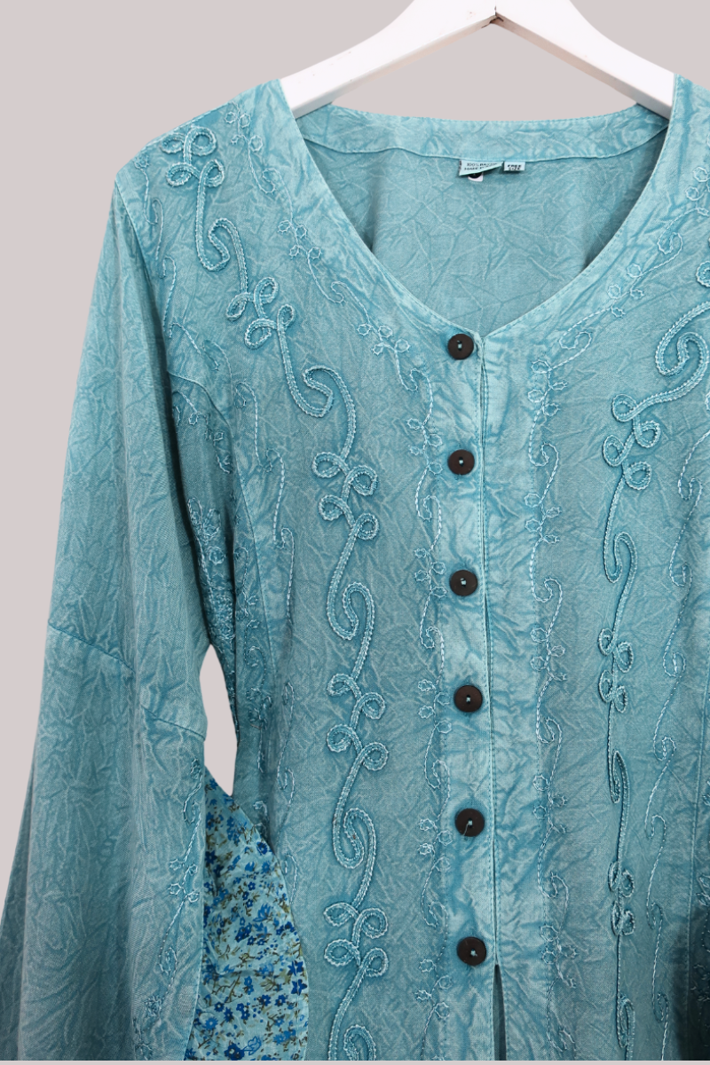 Embroidered Frill Sleeve Blouse in Pearl Blue - Free Size