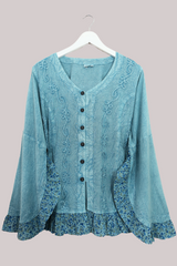 Embroidered Frill Sleeve Blouse in Pearl Blue - Free Size