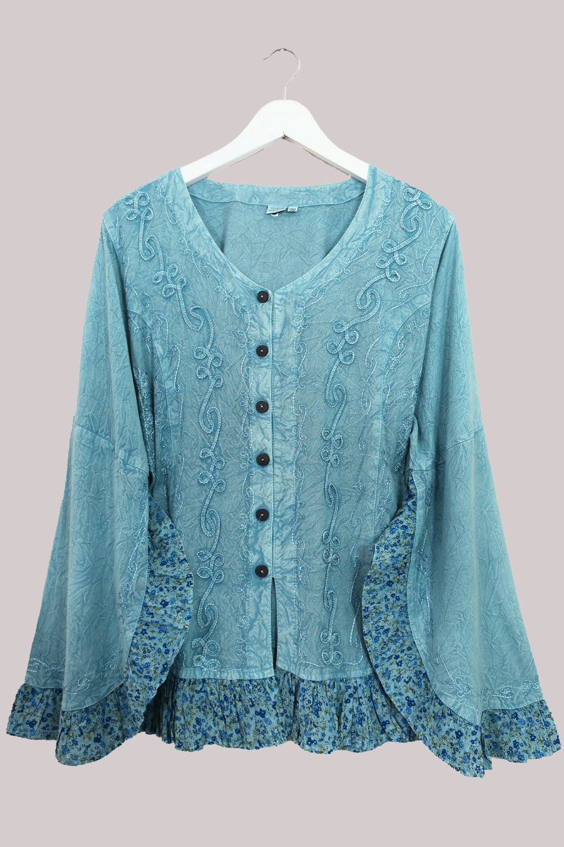 Embroidered Frill Sleeve Blouse in Pearl Blue - Free Size