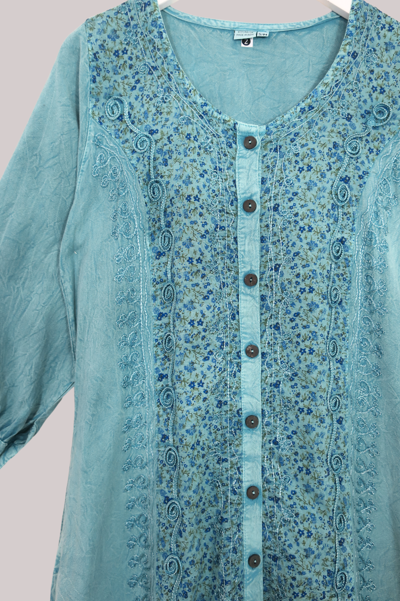 Indian Embroidered Half-Sleeve Maxi in Pearl Blue Floral by All About Audrey