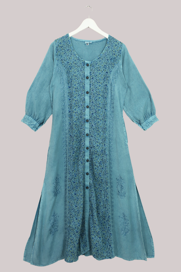 Indian Embroidered Half-Sleeve Maxi in Pearl Blue Floral by All About Audrey